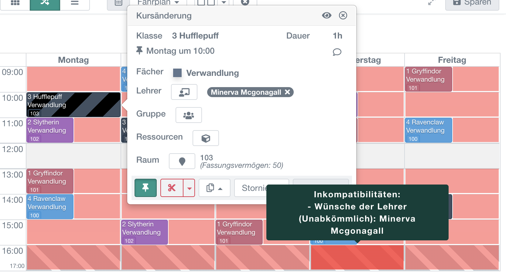 Verschieben einer Unterrichtsstunde im Stundenplan einer Lehrkraft, wobei alle möglichen Zeitfenster (grün) und Konflikte (rot) angezeigt werden – insbesondere aufgrund hinterlegter Unverfügbarkeiten