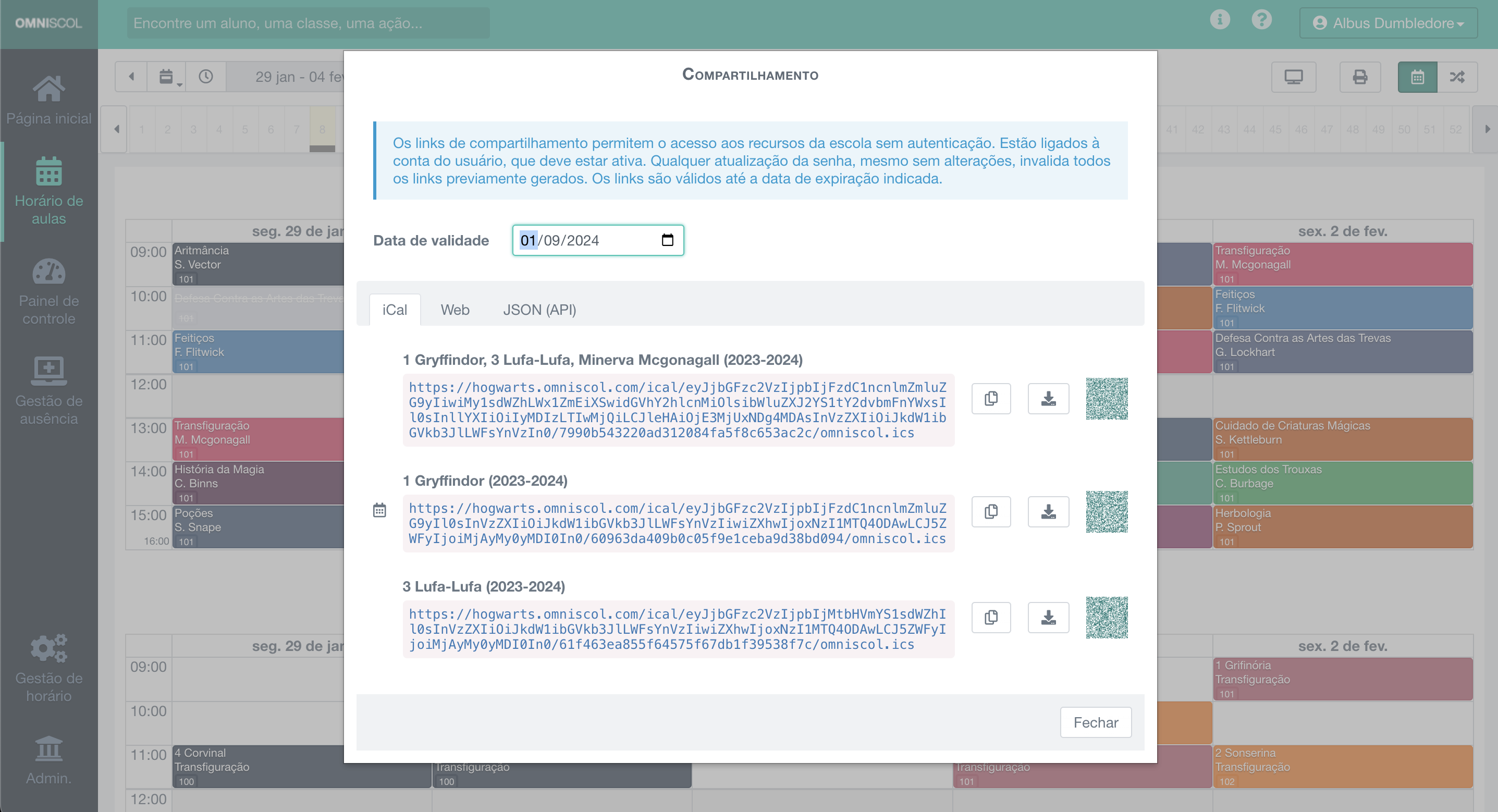 Painel de geração de link exclusivo para compartilhamento via iCal, página web ou em formato de dados JSON (API)